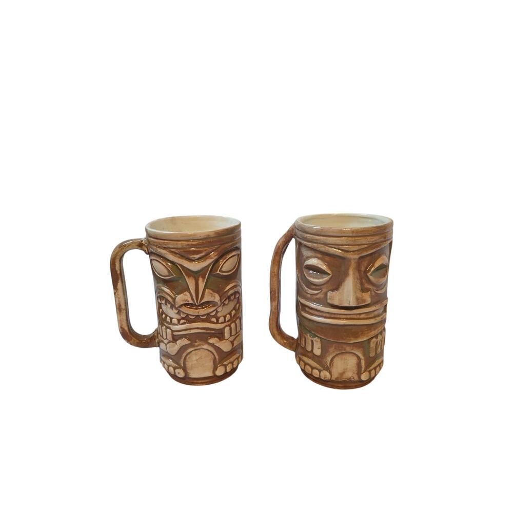 2 Vintage Ceramic Tiki Mugs with Handles 5.5" Tall Handmade